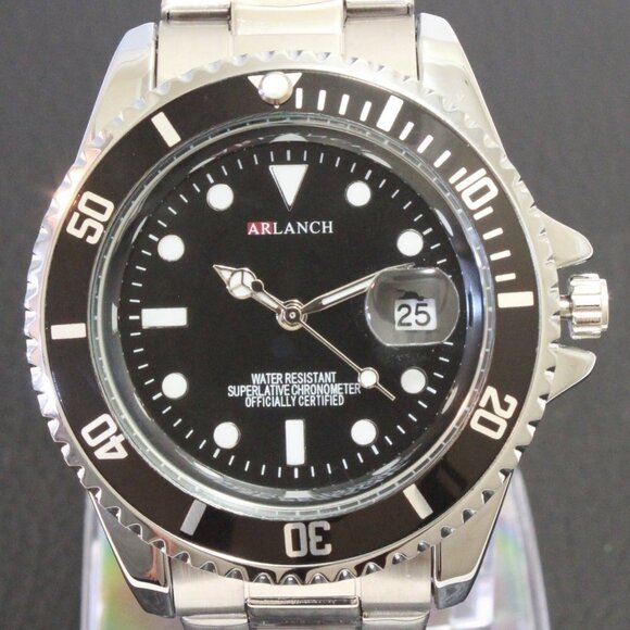Men's Diver Style Watch Black Uni-directional Bezel Stainless Bracelet 40mm - Picture 9 of 11